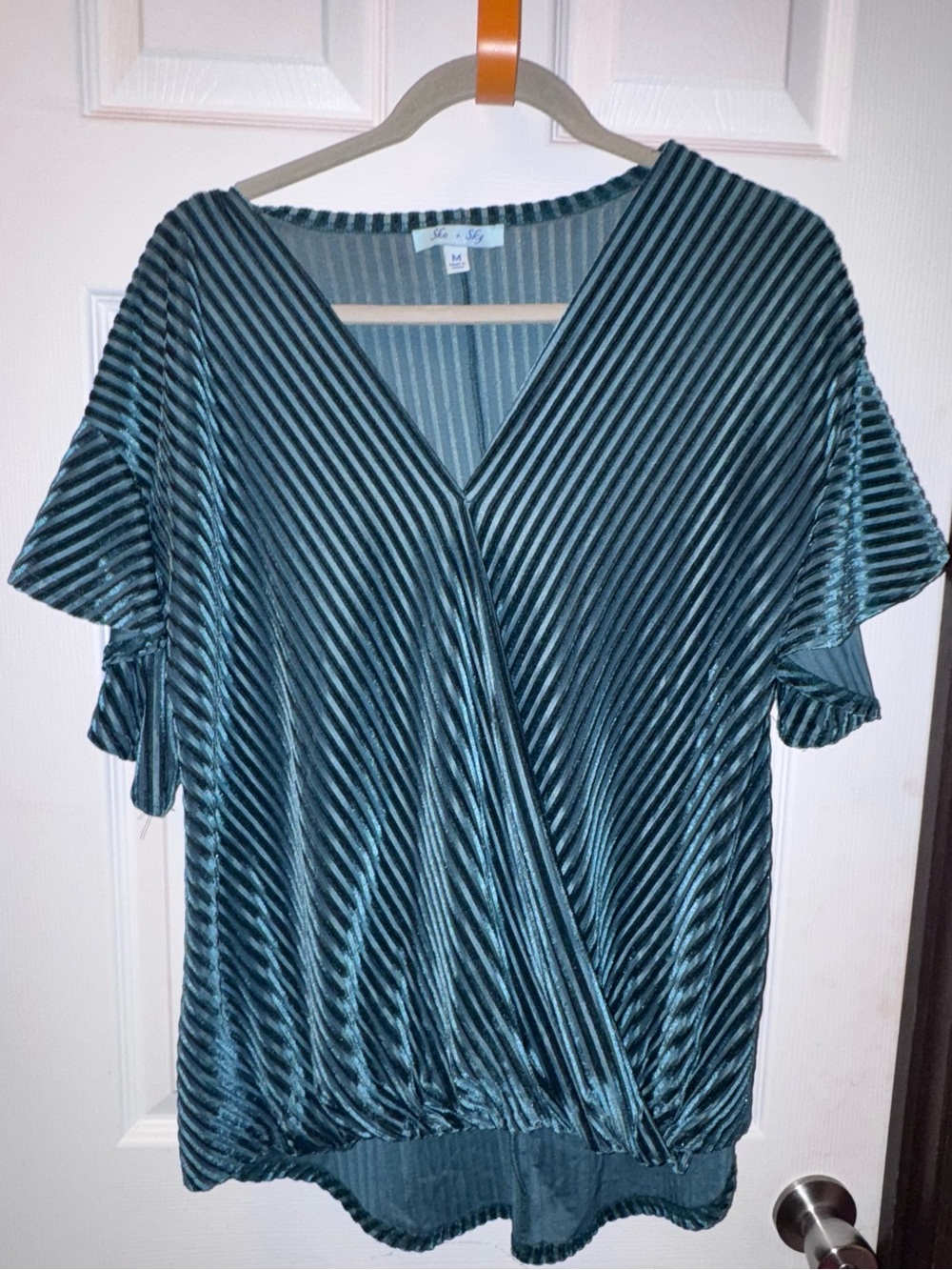 She + Sky Teal Striped Pleated V-Neck Wrap Blouse